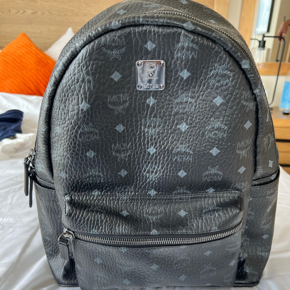MCM Black Backpack with Signature Logo Pattern